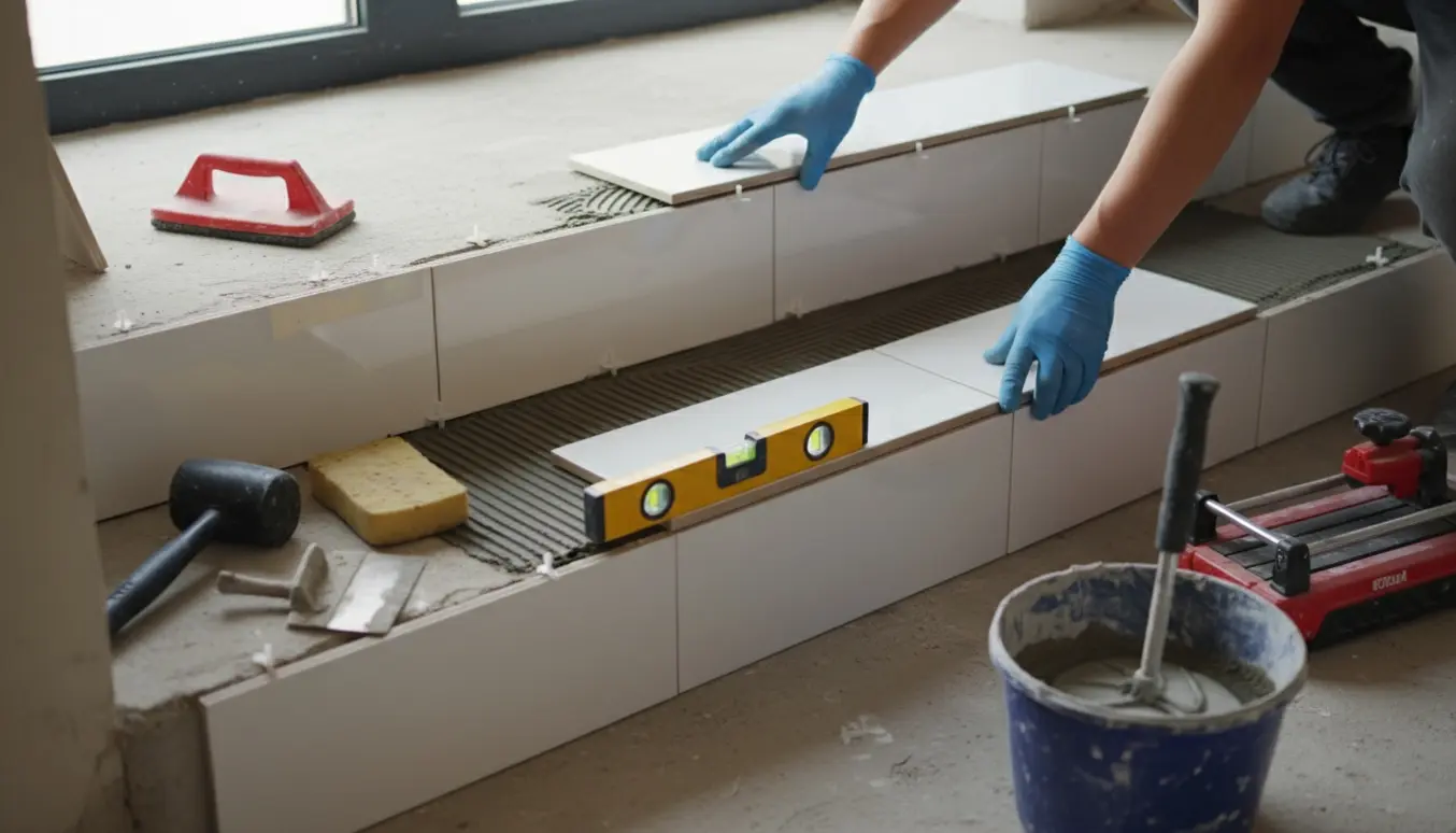 Nærbillede af fliselægning på trappetrin med mørtel og værktøj.