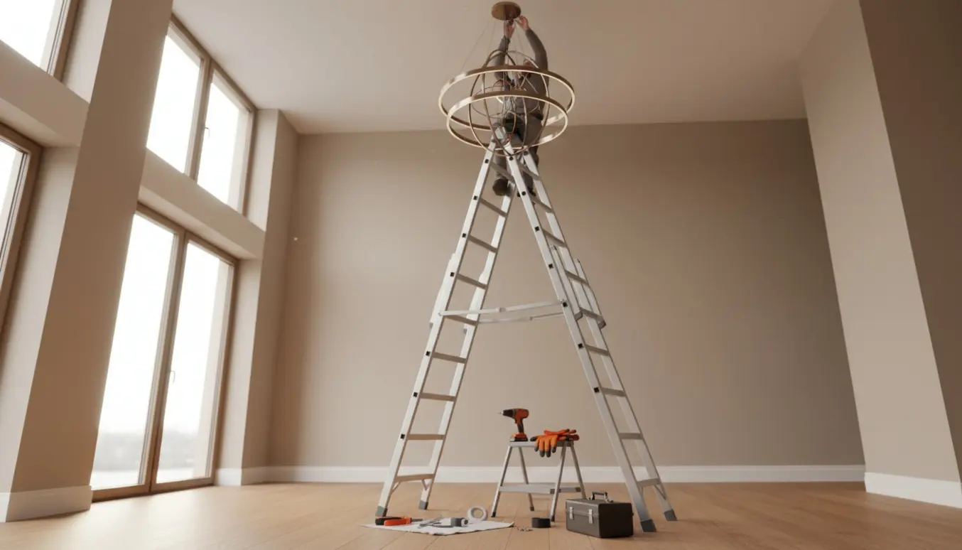 Lang stige og hænder, der monterer en loftslampe i et rum med højt til loftet.