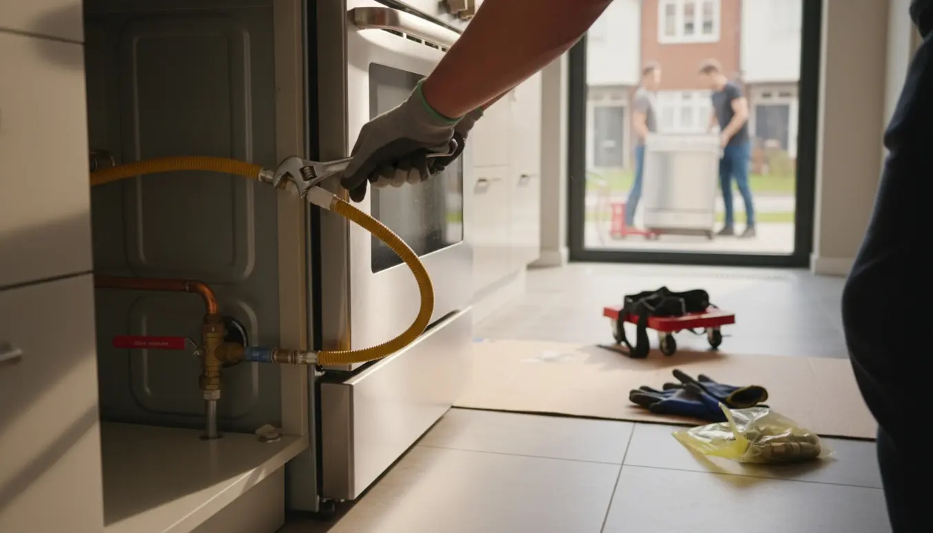 Nære hænder tilslutter gasledning til komfur i en lys lejlighed, mens et komfur bæres over på nabolejligheden udenfor.