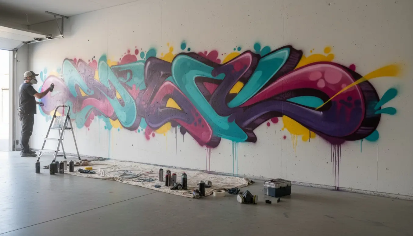Delvist færdig, farverig graffiti på en stor hvid garagevæg med spraydåser og værktøj i forgrunden.