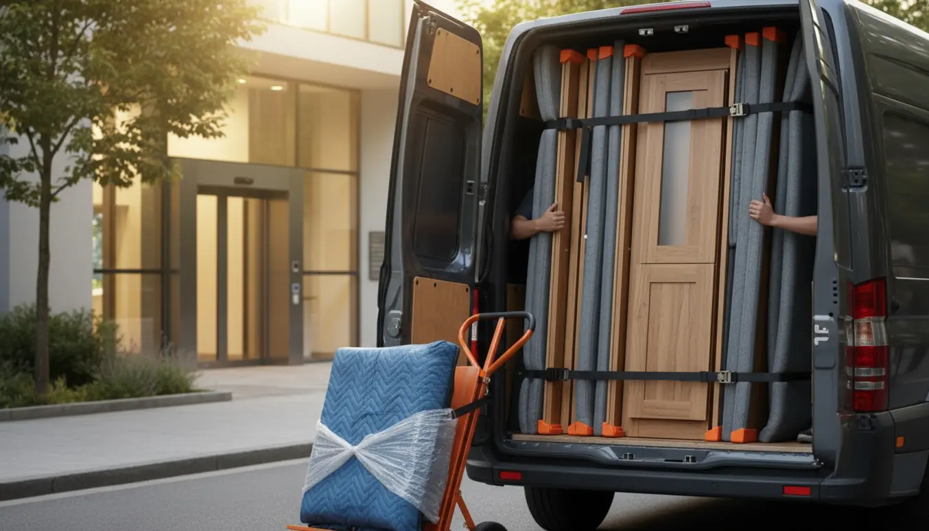 Lastning af indpakkede skabslåger i en varevogn ved lejlighedsindgang med åben elevator.