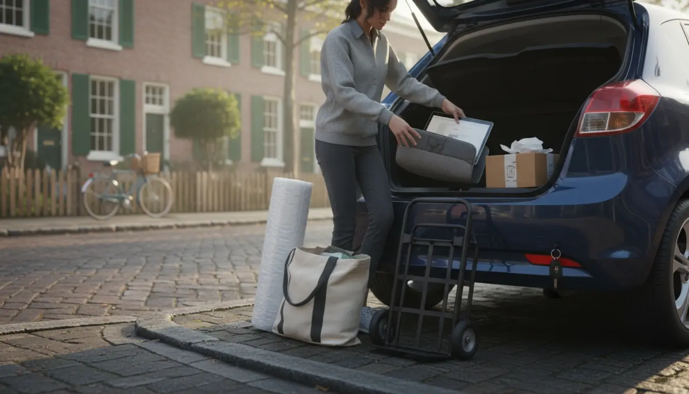 Hænder læsser en brugt bærbar og en indpakket mobil i bagagerummet på en bil på en stille boligvej.
