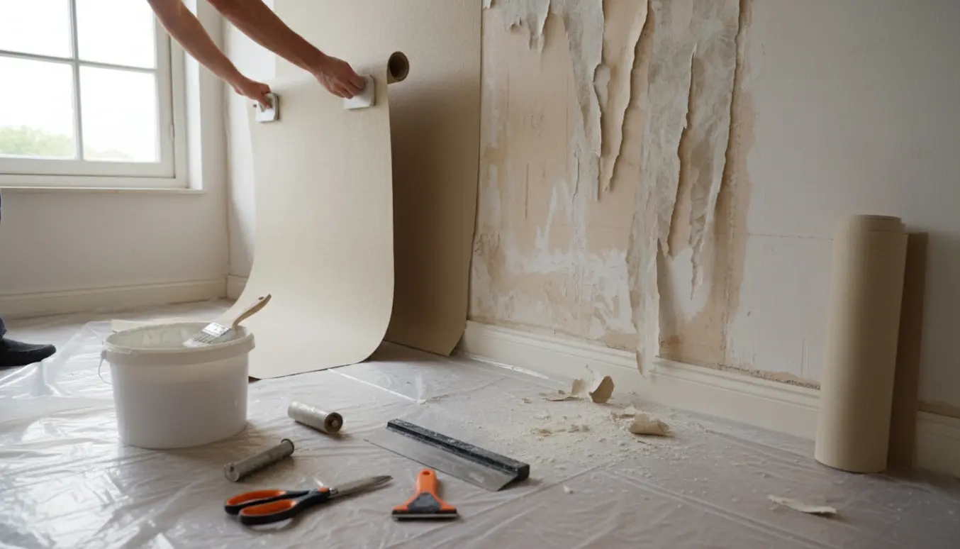 Hænder opsætter filt på en væg i et tomt værelse med filt-rulle, limspand og værktøj.