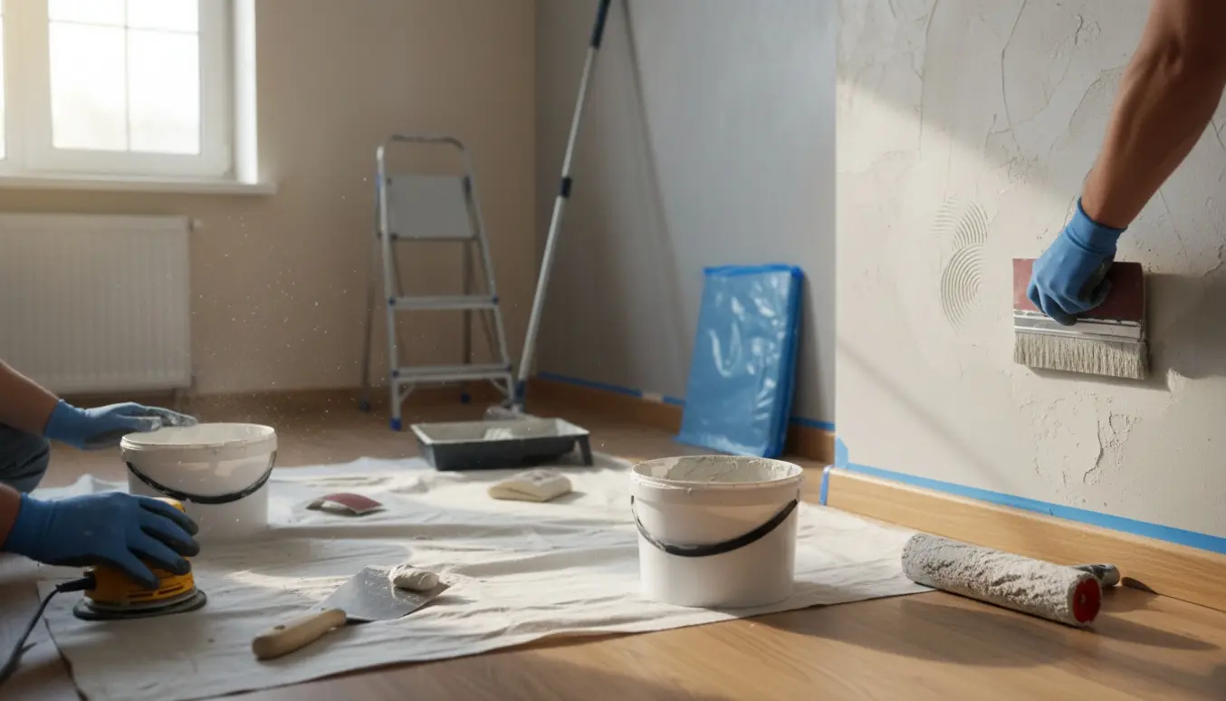 Et ca. 20 m² værelse under fornyelse med slibning, spartling, filtning og klar til maling.