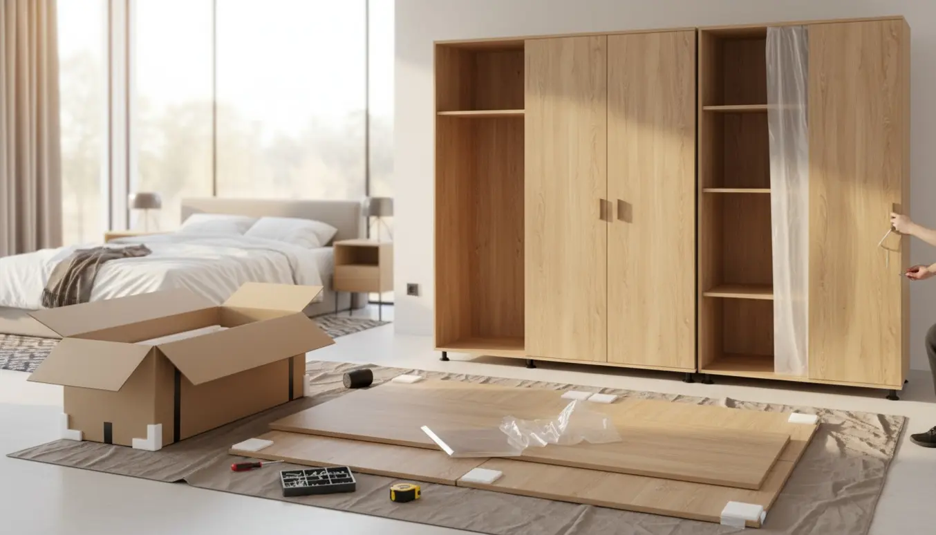 Delvist samlet 4-dørs klædeskab i soveværelse med værktøj og åben emballage.