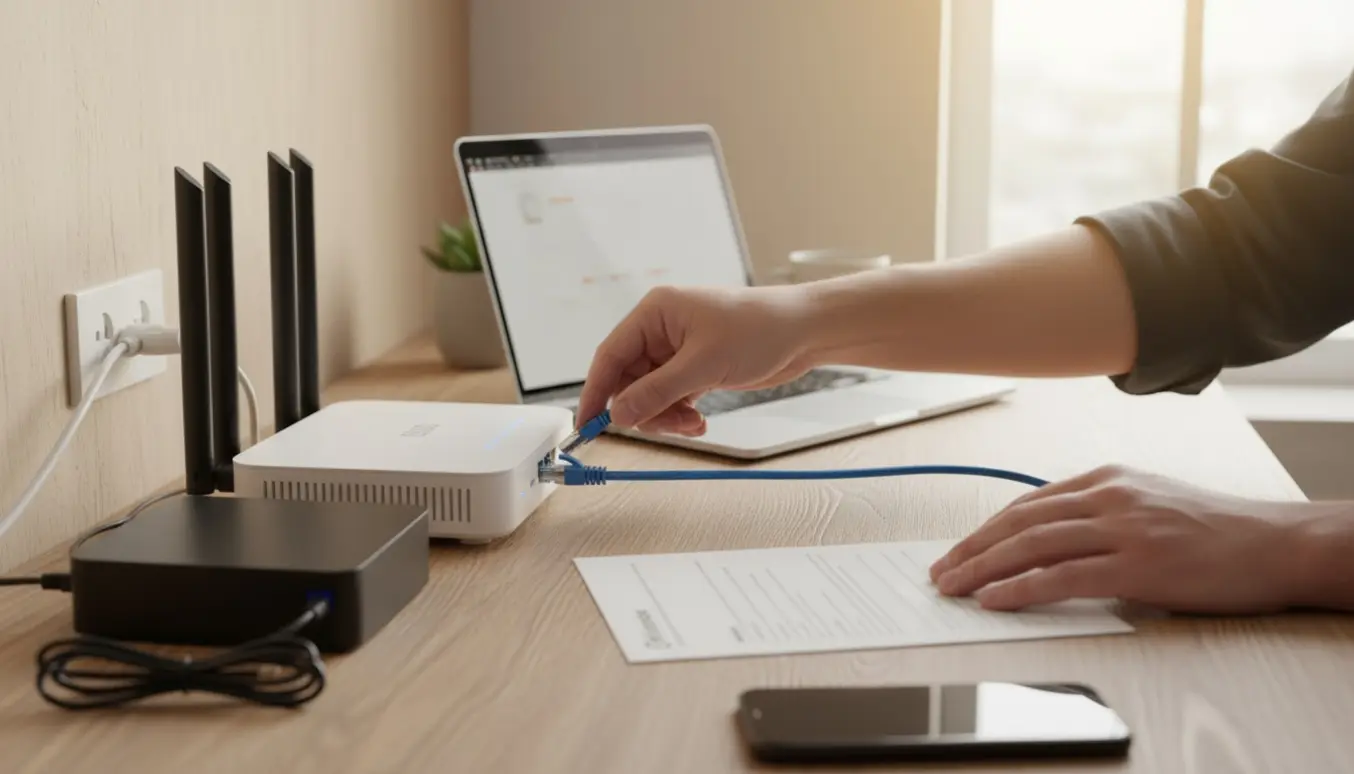 Hænder forbinder kabler til en ny router på et skrivebord ved et solrigt vindue.