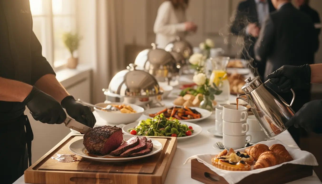 Hænder skærer steg og serverer kaffe ved et elegant buffetbord til konfirmation.