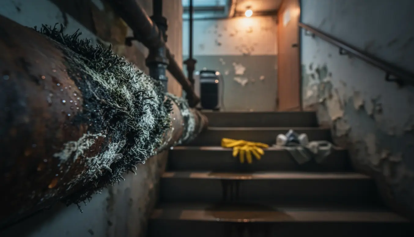 Fugtige rør i en kælder med synlig skimmelsvamp, handsker og affugter i baggrunden.