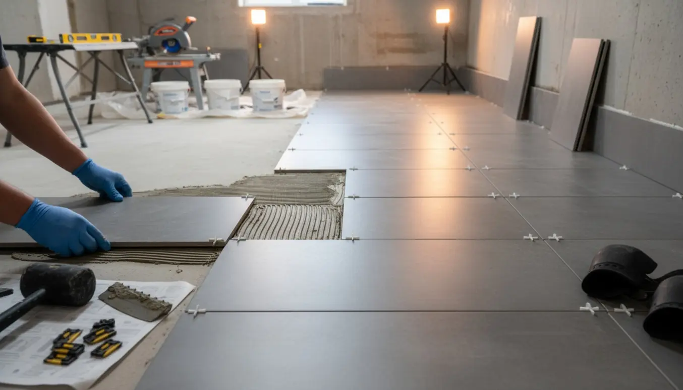 Delvist lagt klinkegulv i en kælder med sokkelfliser og værktøj klar til videre arbejde.