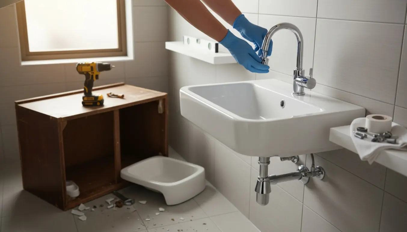 Ny vægmonteret vask hænges op, mens armatur overføres fra det nedfaldne underskab.