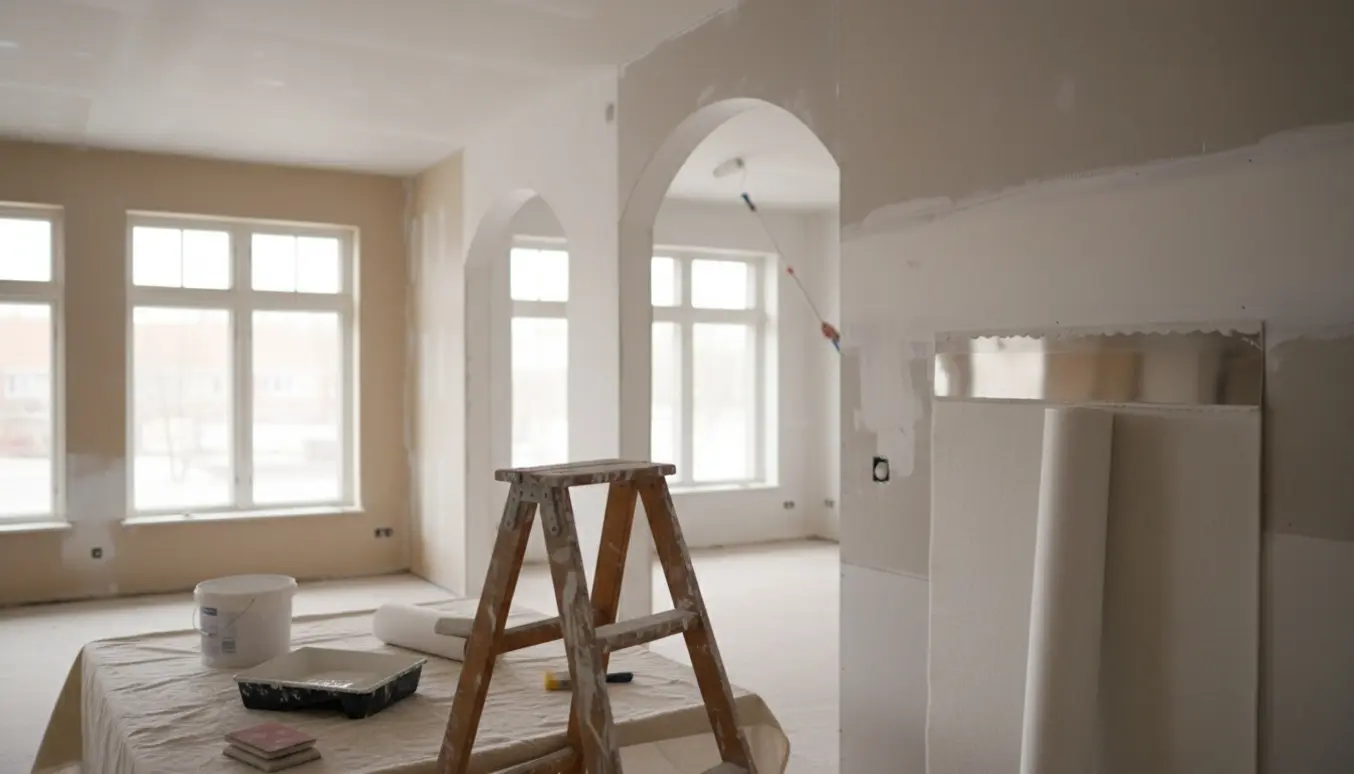 Værktøj og materialer til spartling, opsætning af filt og maling i et lyst rum med store vinduer.