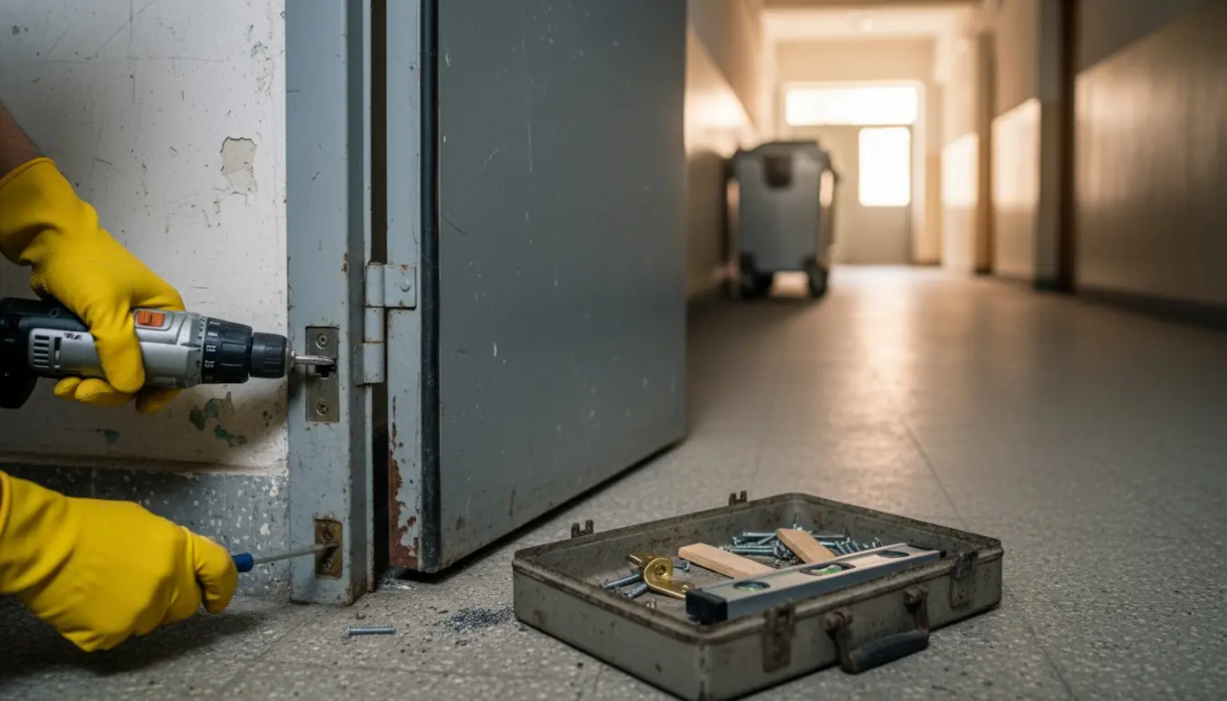 Hænder med handsker reparerer en fejljusteret affaldsrumdør med værktøj i en opgang.