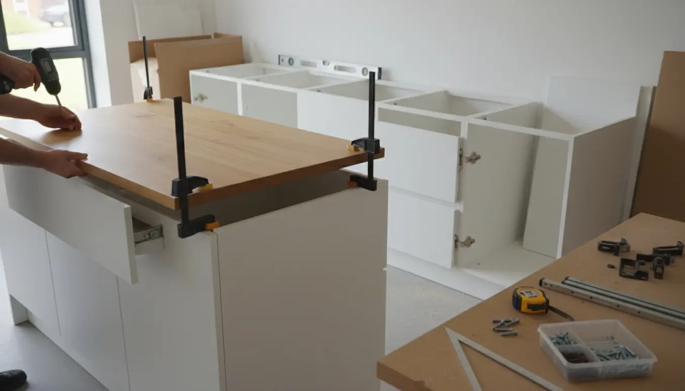 Tre-moduls køkkenø monteres foran en række af fire skabe i et lyst, moderne køkken.