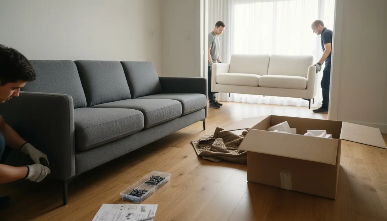 Flyttefolk bærer og samler en ny sofa i en lys lejlighed med værktøj og emballage klar.