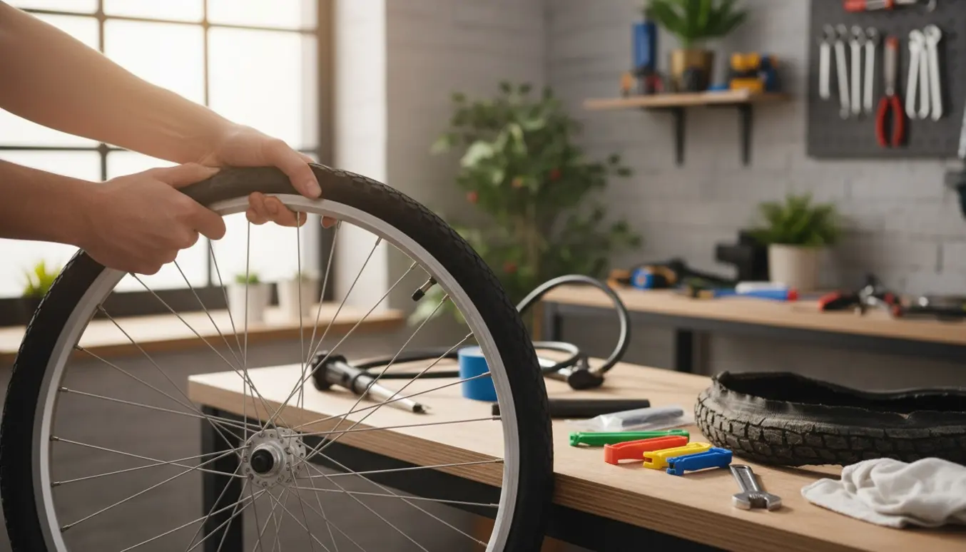 Hænder monterer et nyt cykeldæk på et hjul i et lyst værksted, mens et mørnet dæk ligger ved siden af.