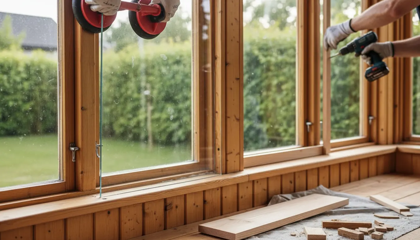 Hænder monterer ruder og ny vindueskarm i en udestue med blokhusbrædder.