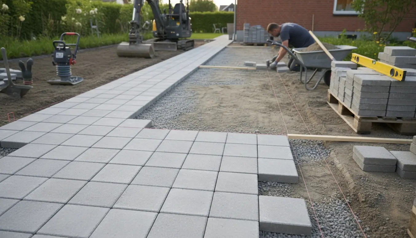 Delvist færdig L-formet flisestis med 30x30 cm fliser, værktøj og stabilgrus i en have i Århus Nord.