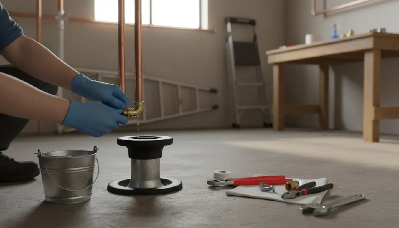 Nærbillede af hænder, der lukker vandrør og afdækker en toilettilslutning i et garage- eller teknikrum med værktøj og en spand ved siden af.