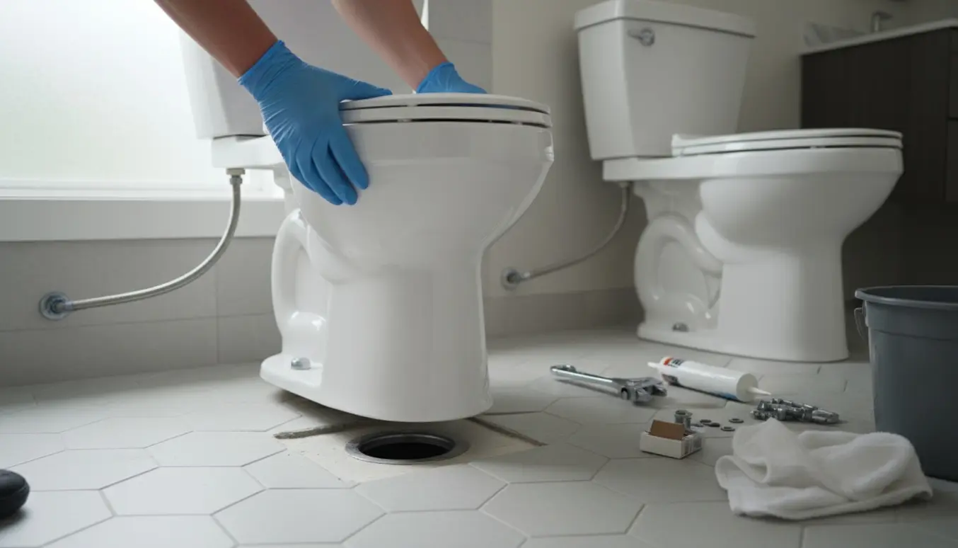 To identiske hvide toiletter under montering i et badeværelse med handsker, fugepistol og værktøj synligt.