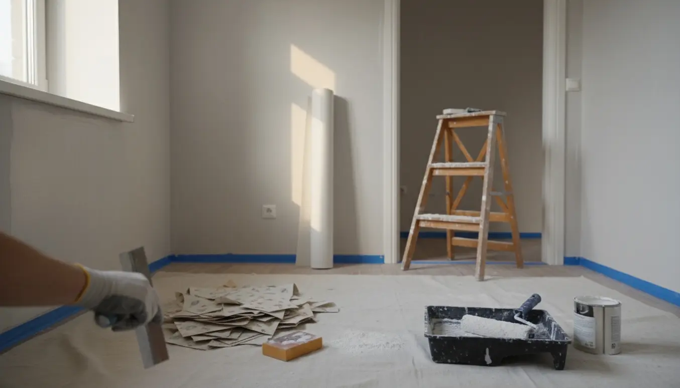 Nærbillede af spartlet væg i et lille rum med filt, malerulle og afdækningsmaterialer.