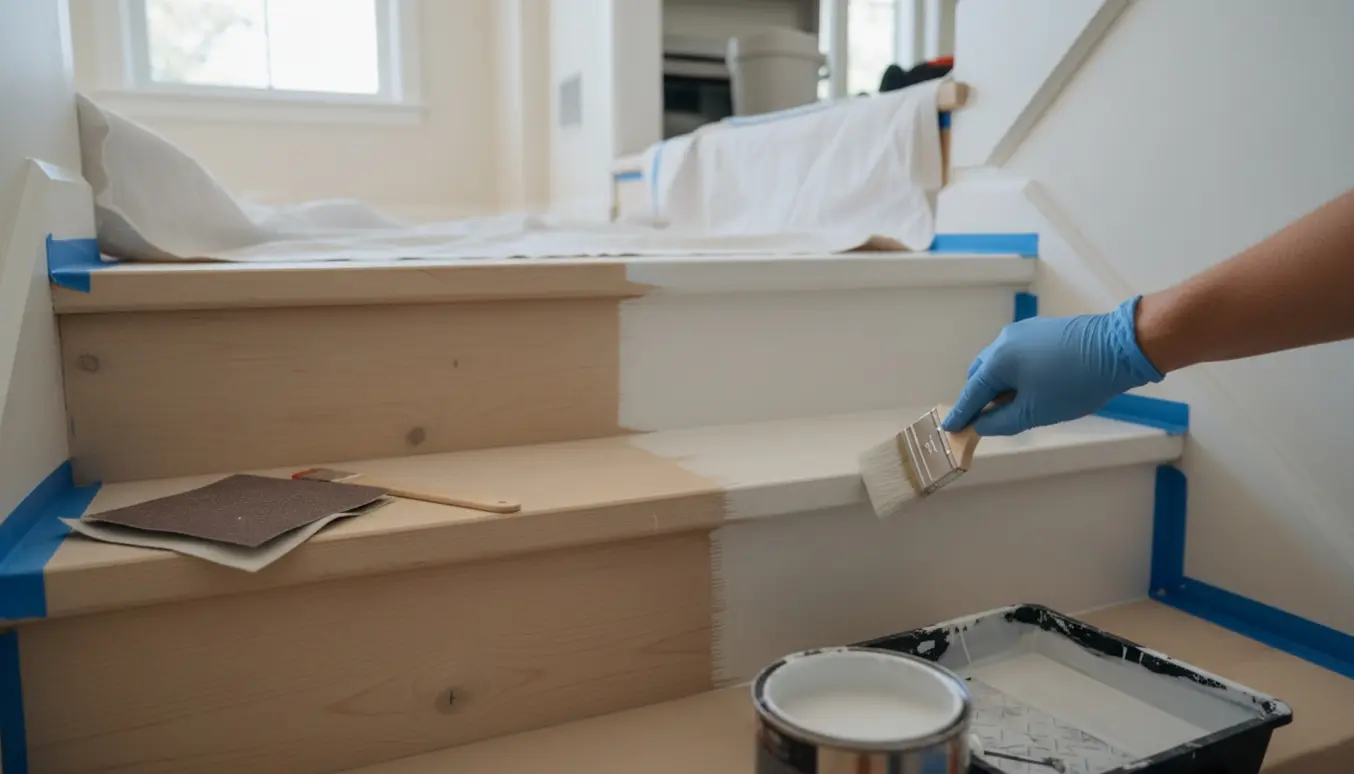 Nærbillede af en trætrappe under maling med pensel, malerbøtte og beskyttelsesafdækning i naturligt lys.