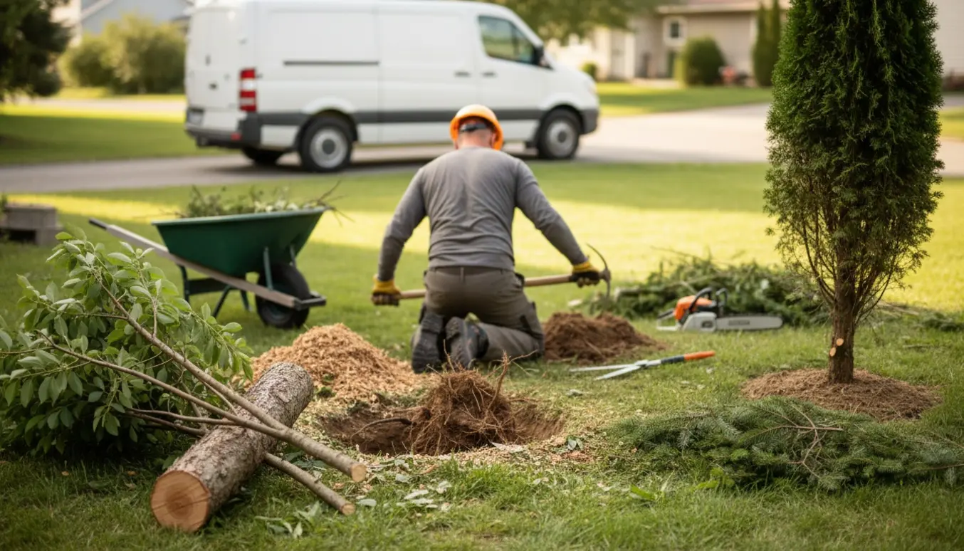 Fældning af to mindre træer (hæg og hyld) og beskæring af et grantræ i en baghave med værktøj og afskårne grene.
