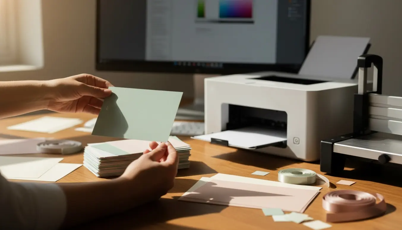 Nærbillede af en stak farverige A5-bryllupsinvitationer med silkemat finish ved en printer.