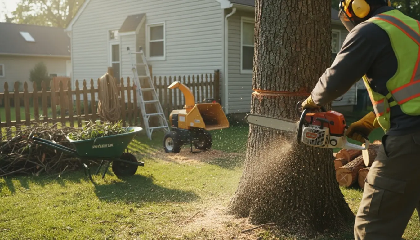 Træ fældes ved en bygning med nedfaldne grene, stak brænde og værktøj i forgrunden.
