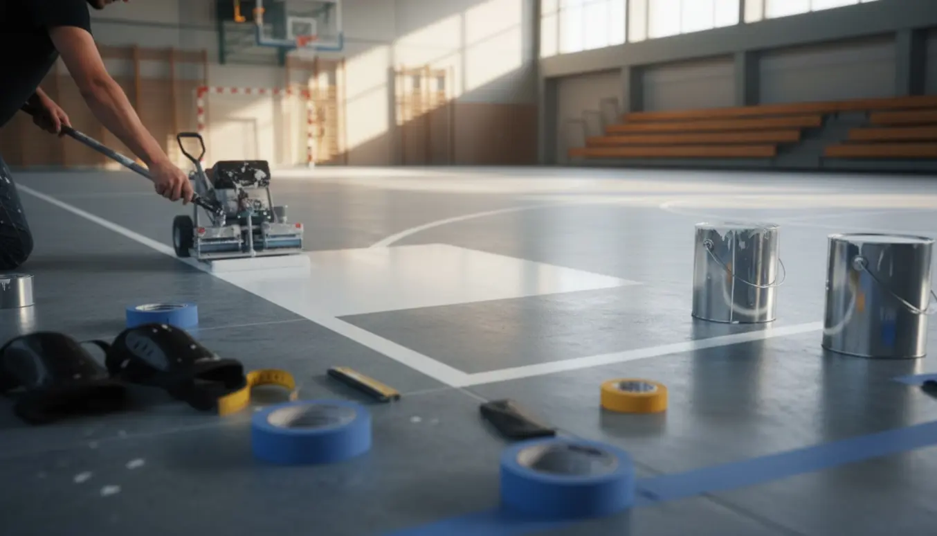 En arbejder maler klare banestreger på en halv basketbane i en indendørs hal.
