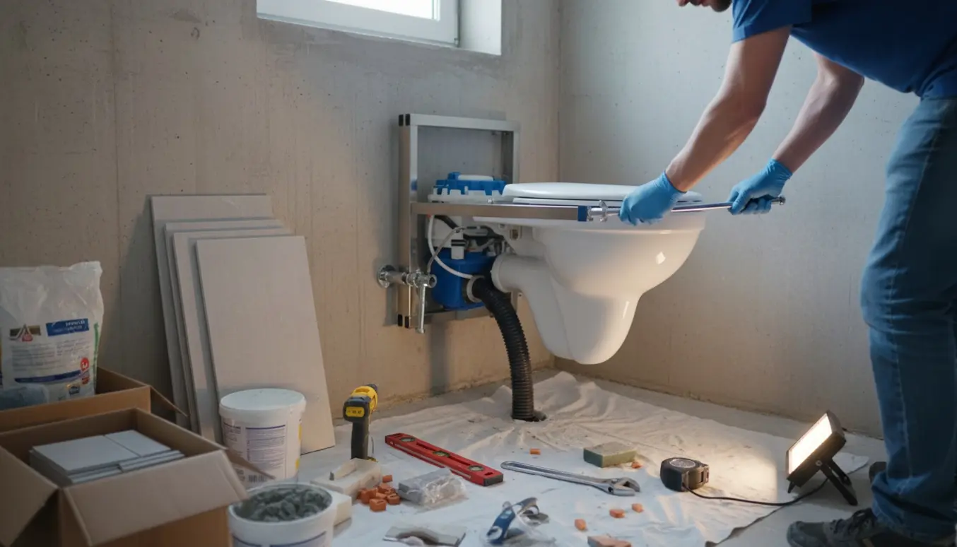 Montering af et hængende toilet i et lille kælderbadeværelse med værktøj og fliser omkring.