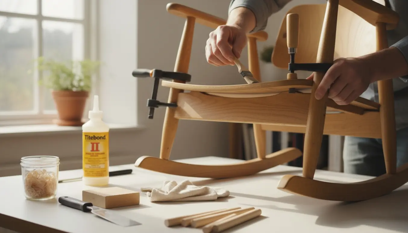 Nærbillede af reparation af en klassisk skandinavisk gyngestol, hvor hænder påfører trælim og en klemme holder samlingen.