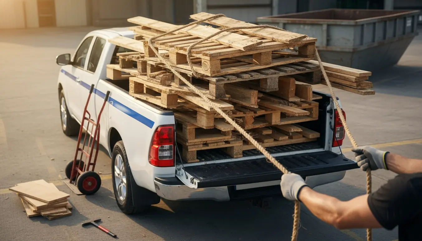 Pickup læsset med træemballage klar til bortskaffelse, hvor en person med handsker binder læsset.