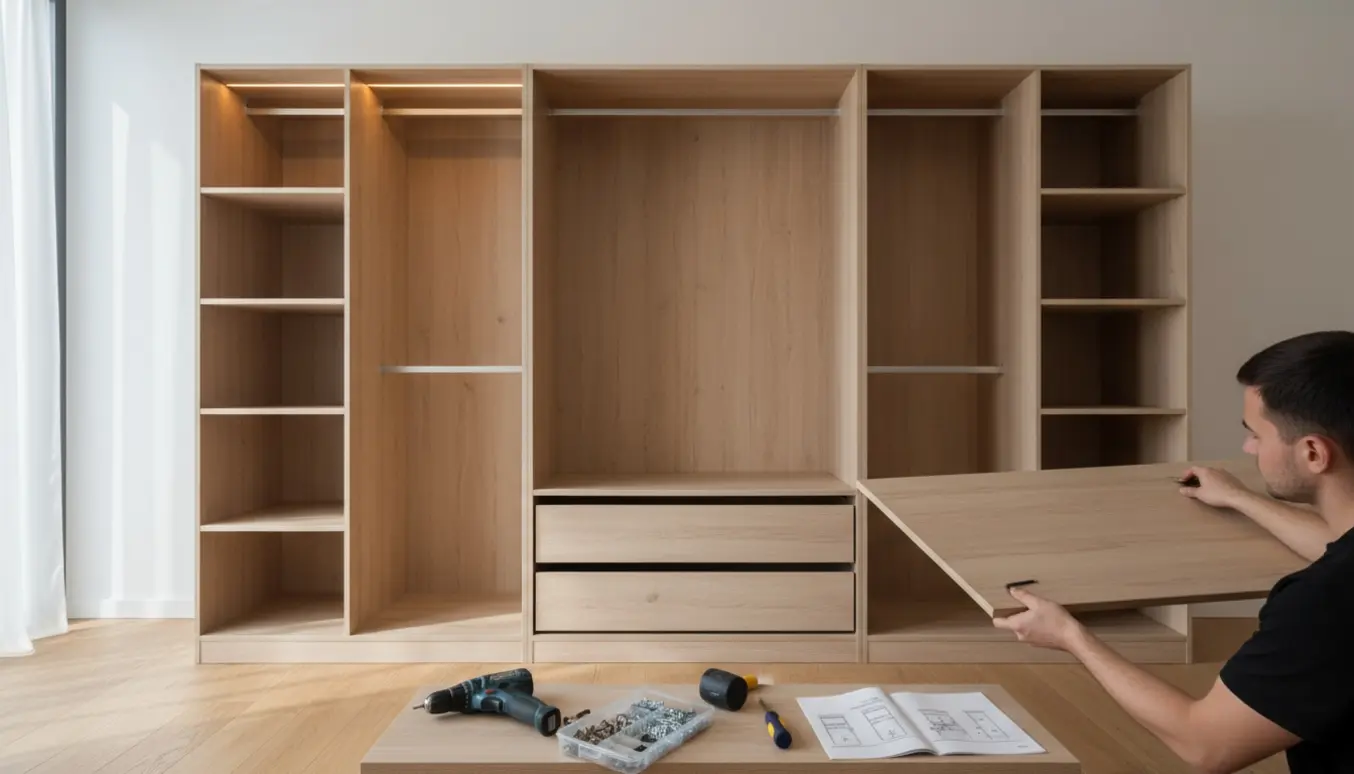 Delvist samlet 3 meter bredt garderobeskab i tre sektioner med værktøj og LED-lysskinner.