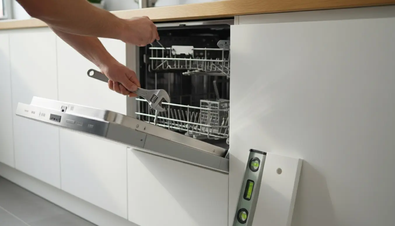 Hænder justerer en indbygget opvaskemaskine med skruenøgle under en bordplade for at fjerne luftmellemrummet.