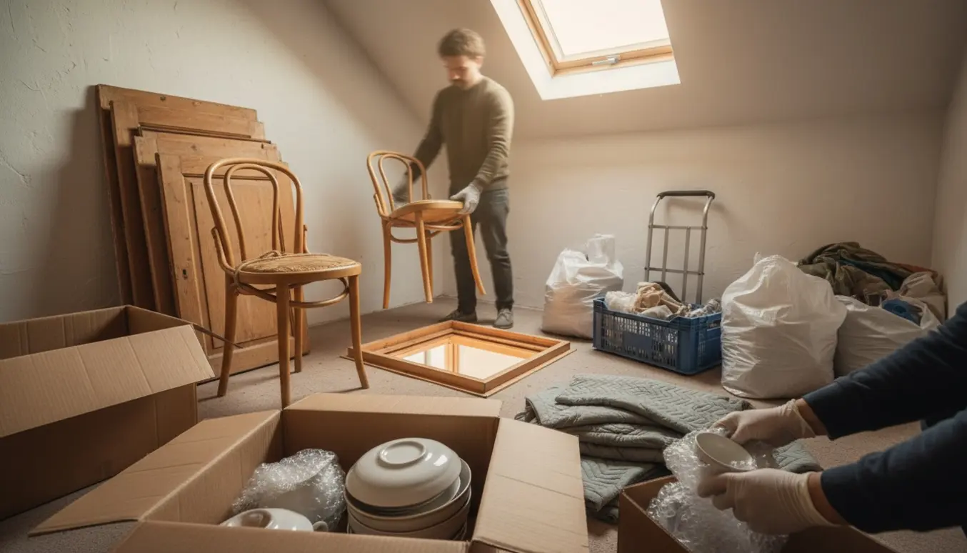 Et lille loftsrum på cirka 6 m² tømmes med stabler af skabslåger, stole, pakkede kasser og en håndtruck i blødt dagslys.