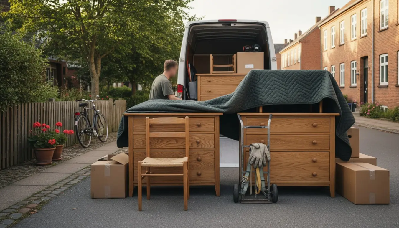 Flyttefolk læsser kommoder og stole ind i en flyttevogn på en solrig, brostensbelagt gade.