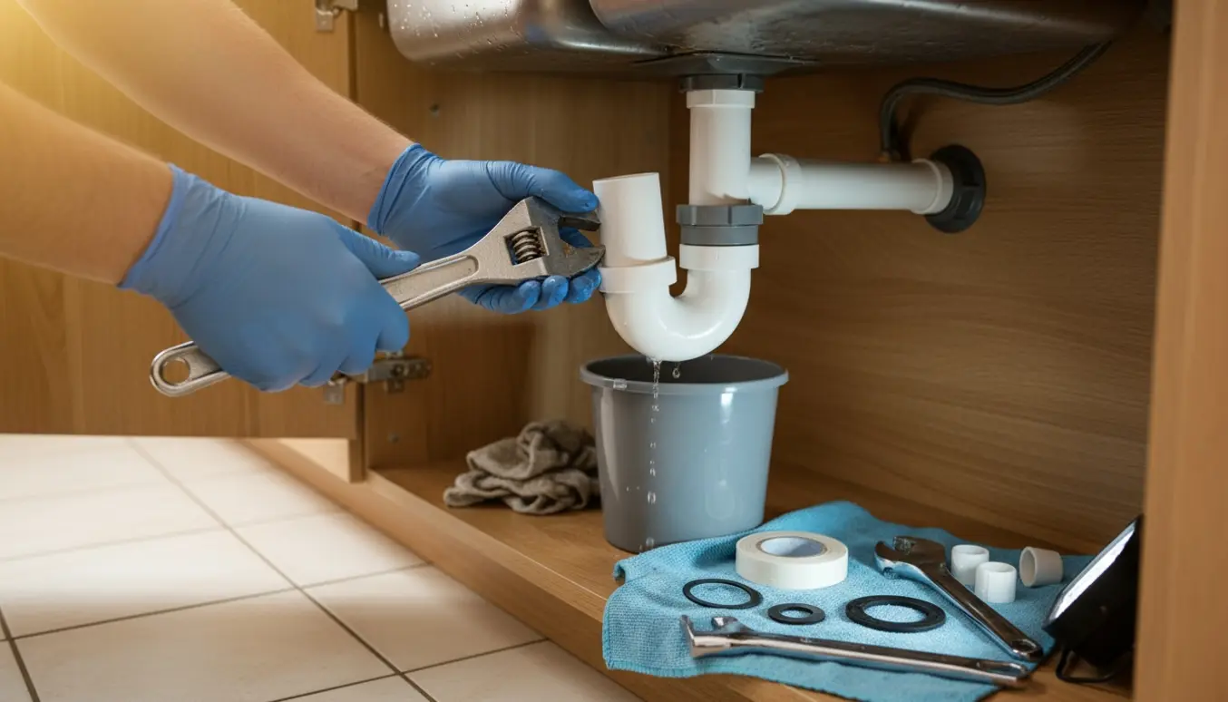 Under køkkenvasken ses hænder, der udskifter en plastrør-vandlås med skiftenøgle, mens en spand fanger dryp.