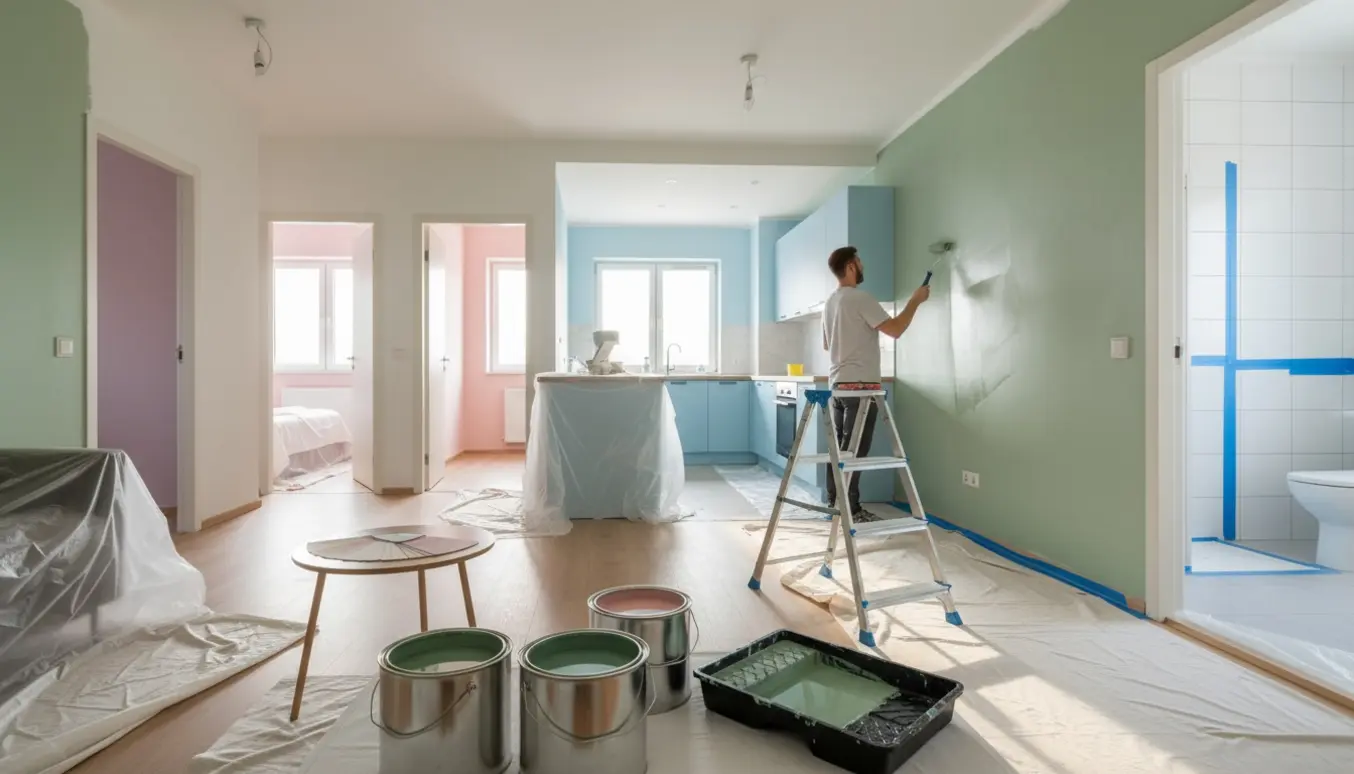 Interiørfoto af en maler, der maler vægge og lofter i en lejlighed med malerværktøj og afdækning.