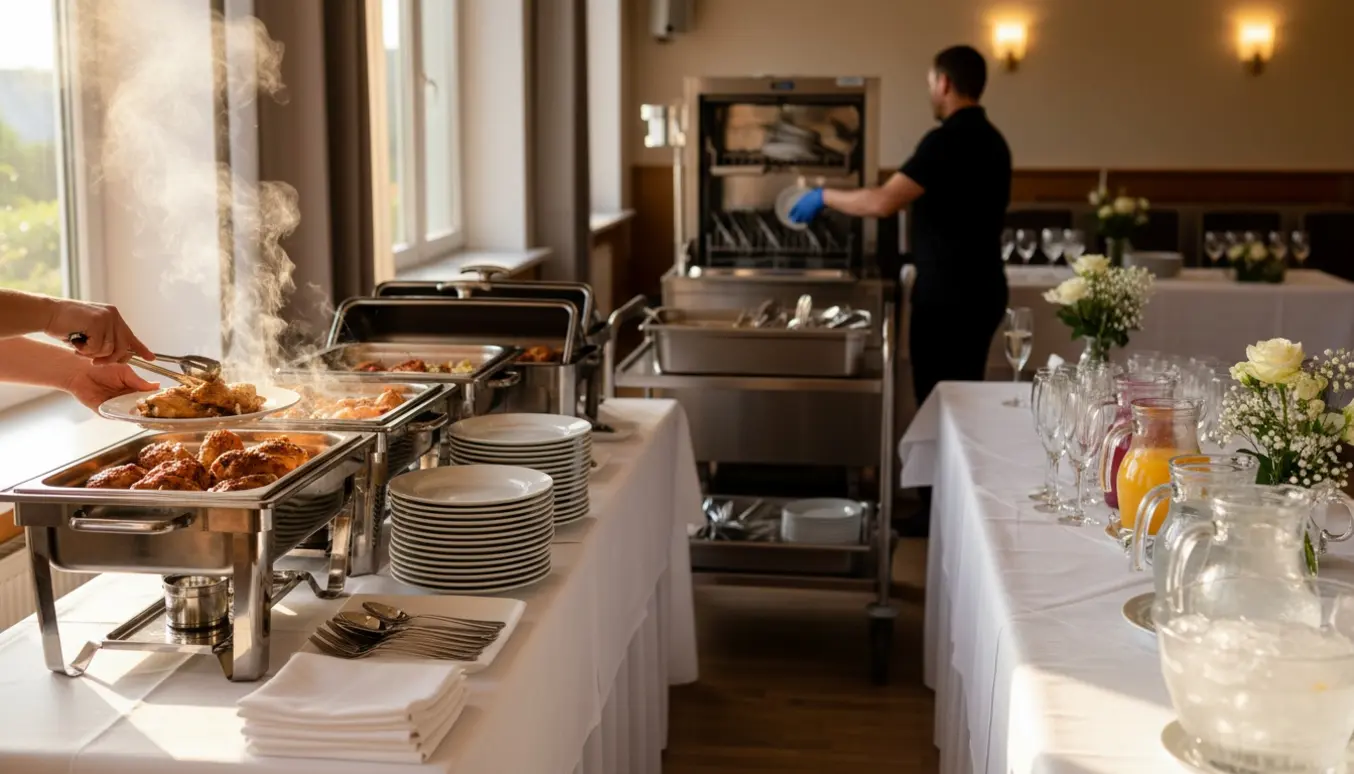 Buffet med varmefade, drikkevarer og personale, der rydder og vasker op til en konfirmation.