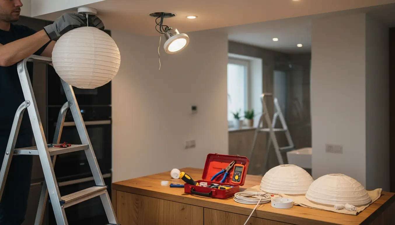 Hænder monterer to rispapir-loftslamper og udskifter indbyggede halogenspots i et køkken.