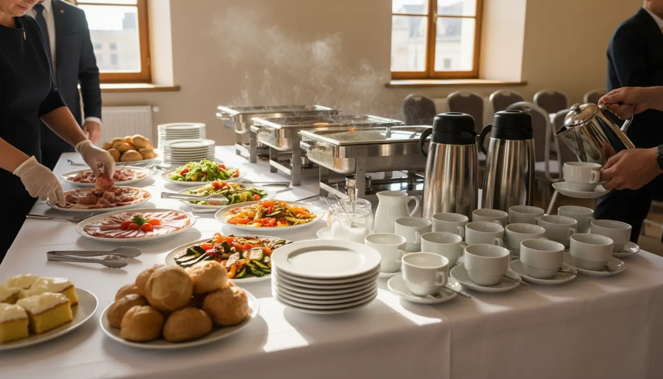 Buffetbord og kaffestation klar til konfirmationsreception med fade, kopper og serveringspersonale.