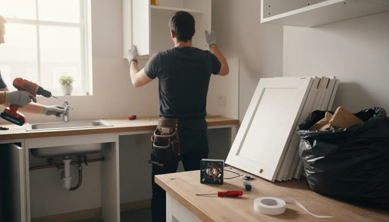 Lille køkken under demontering og opsætning af nyt med el- og VVS-arbejde og affaldssæk.