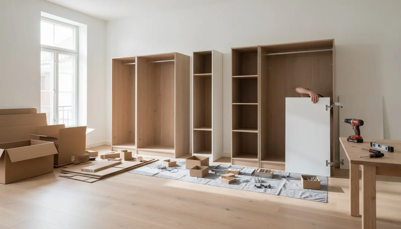 To brede garderobeskabe og et smalt skab samles i en lys lejlighed med værktøj og åbne pakker.