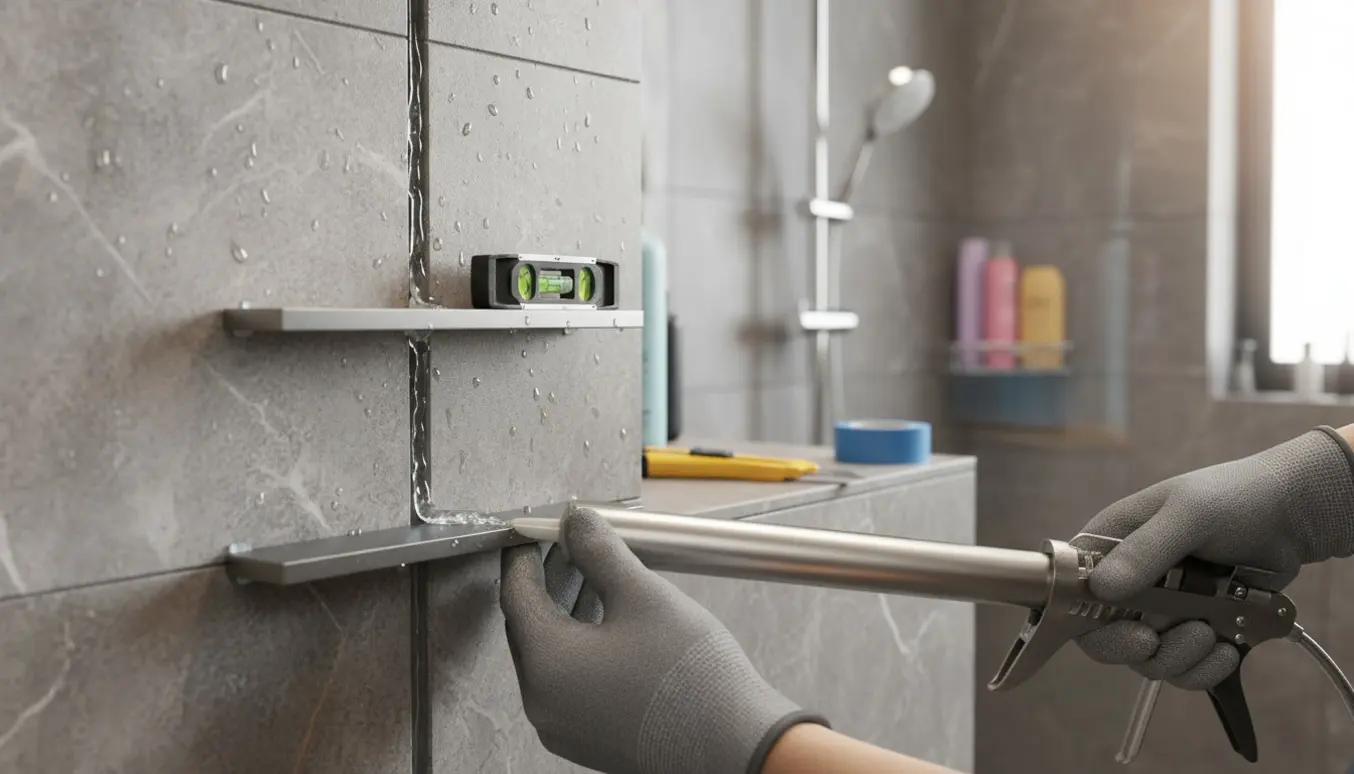 To hylder monteres i fuge mellem store fliser i en brusekabine med silikone og værktøj i fokus.
