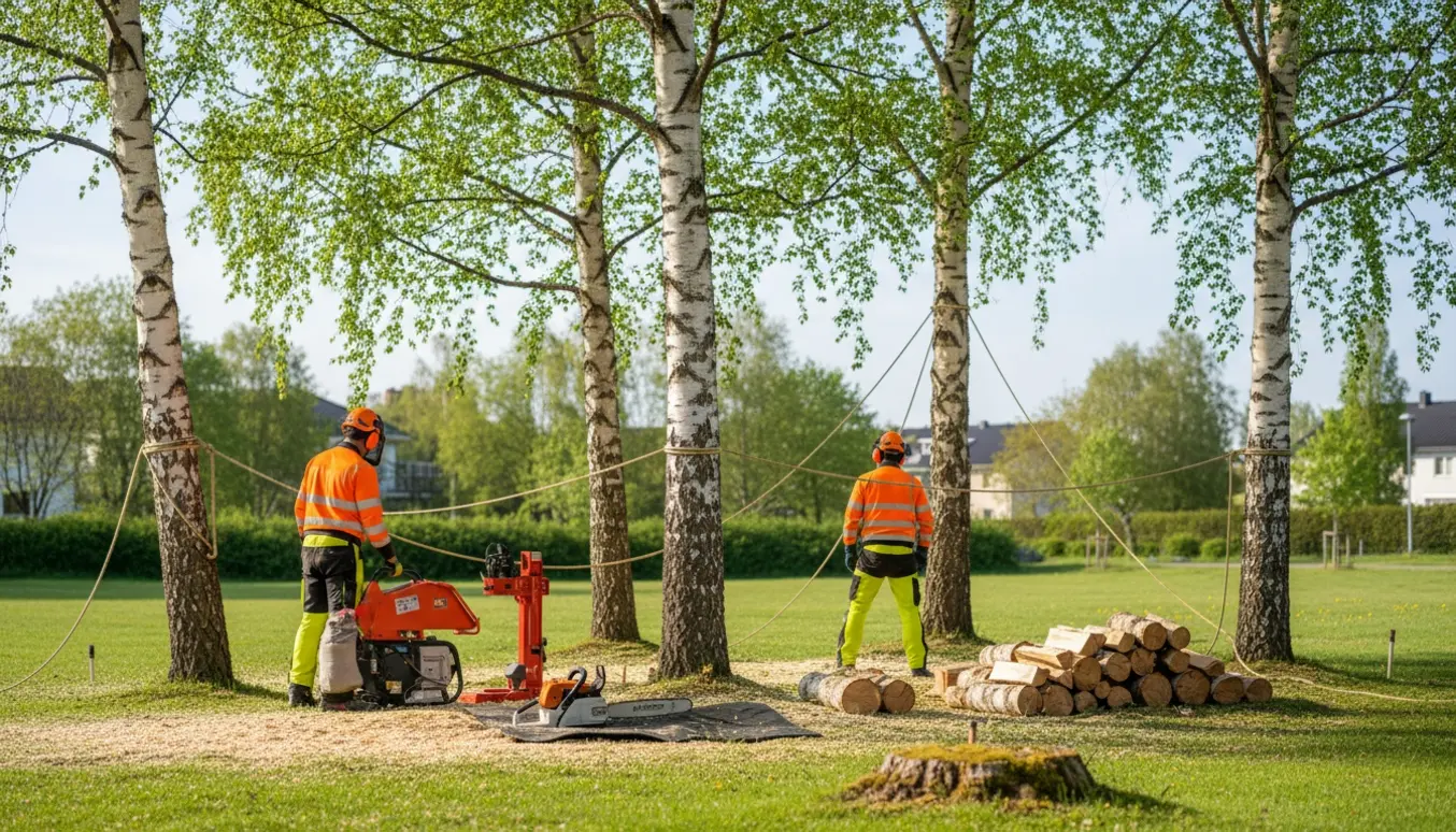 Fældning af fem 15 m høje birketræer på et fællesareal med arborister, savflis og stakke af kløvet brænde.