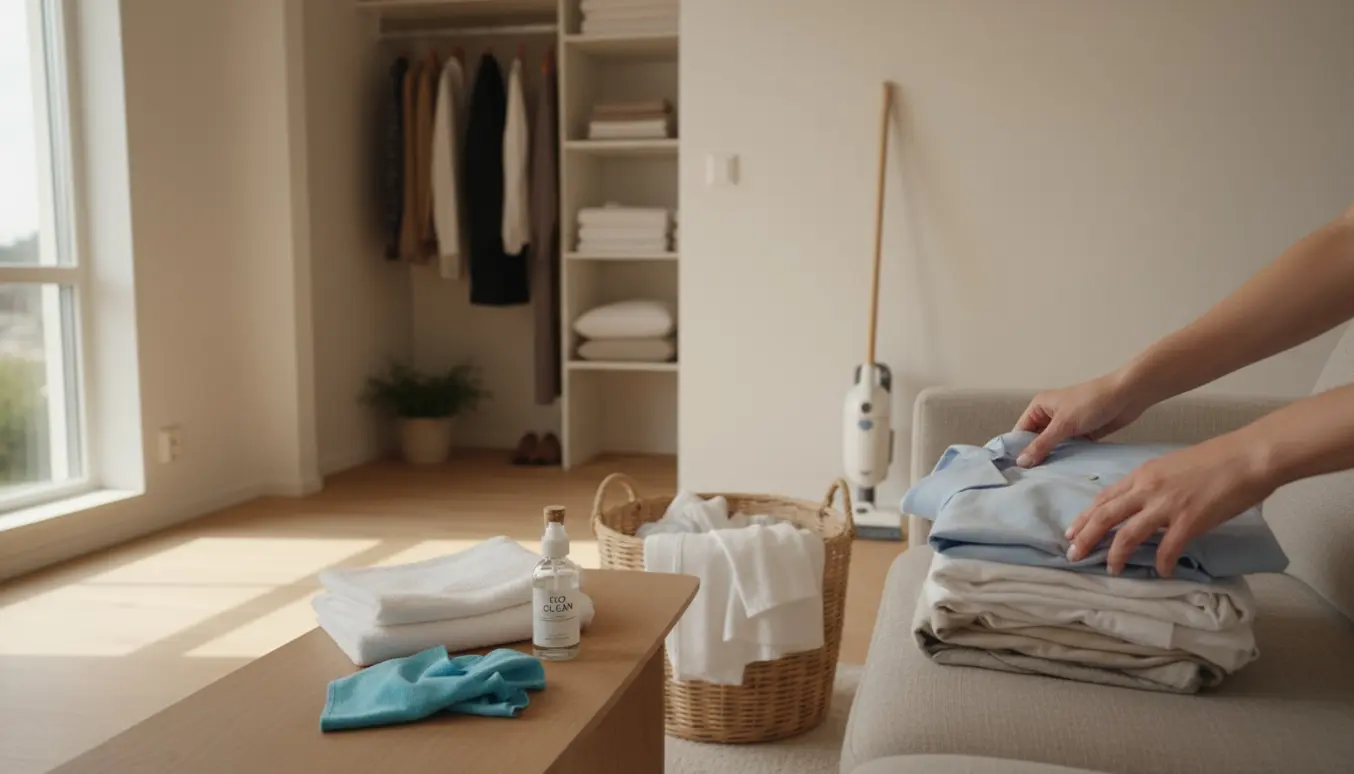 Hænder folder nyvasket tøj i en lys stue med vasketøjskurv og rengøringsredskaber.
