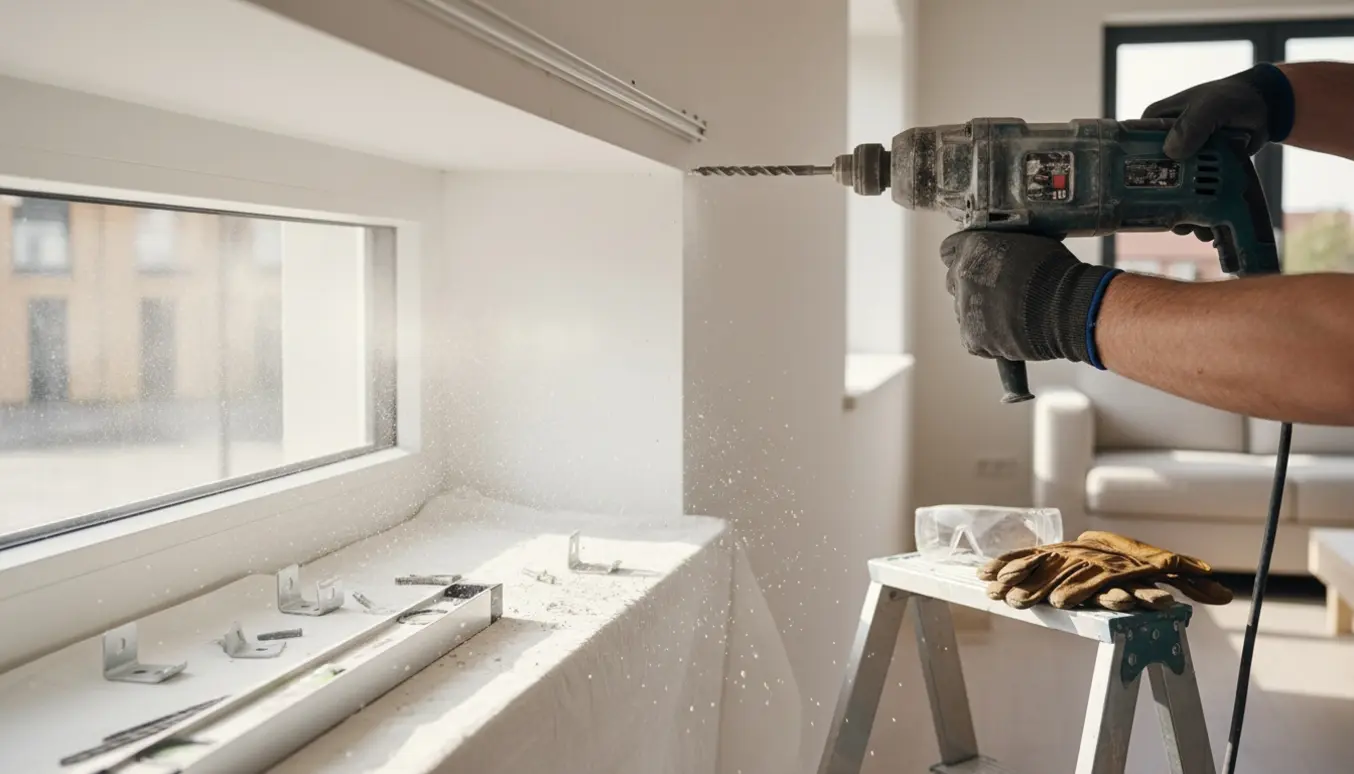 Hænder bruger en borehammer til at bore huller over et vindue til montering af en gardinskinne.