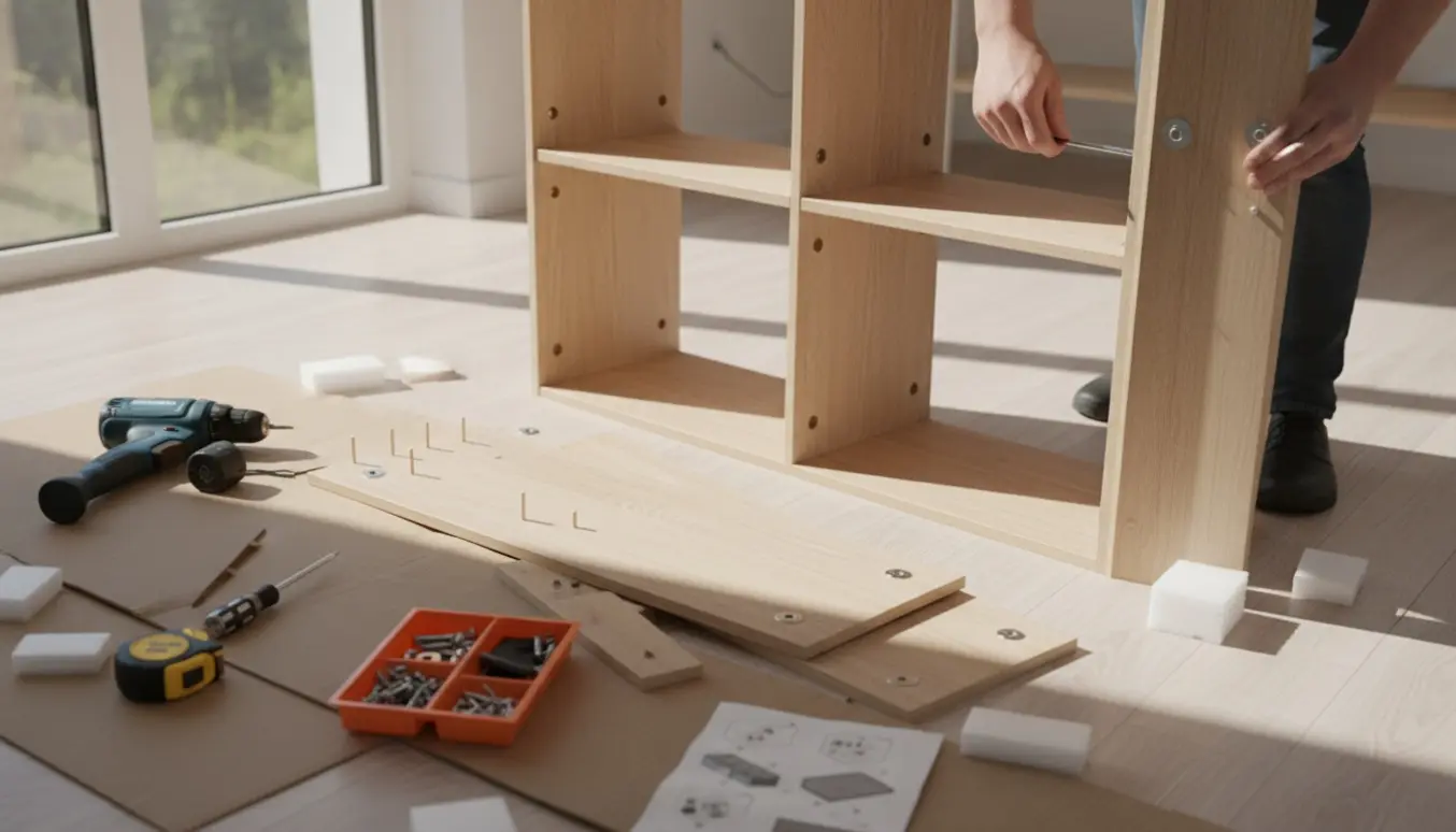 Delvist samlet fladpakke-reol i en lys stue med værktøj og skruer.