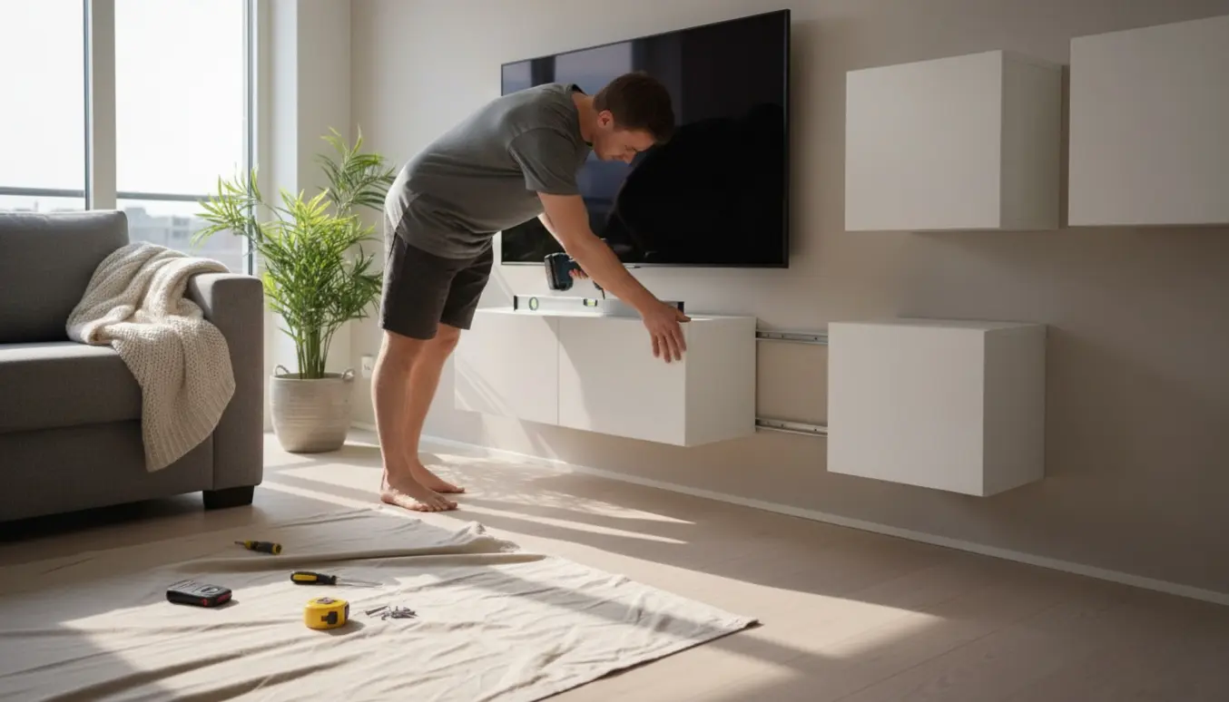 Fire hvide modulreoler hænges op i en stue med værktøj og monteringsskinner, to små under fjernsynet og to større på væggen.