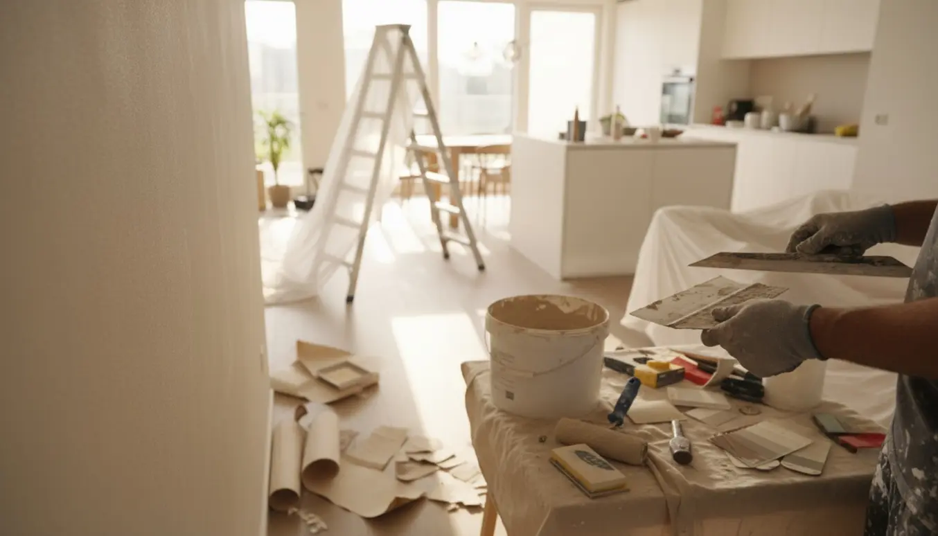 Hænder glatter nymalet spartelmasse på en væg i et køkkenalrum.